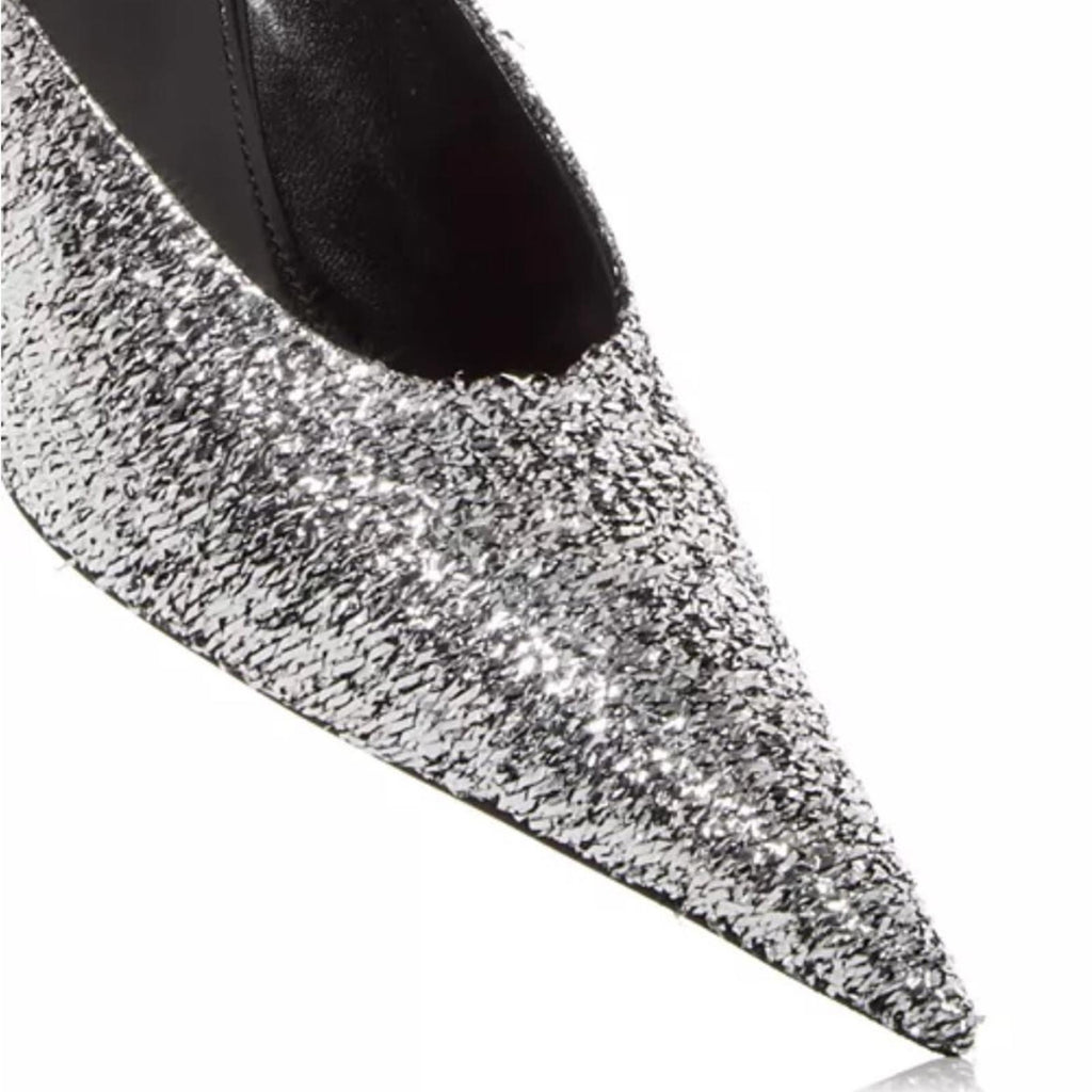Balenciaga Knife Glitter High Heel Mules in Silver Titanium Size 36 New in Box