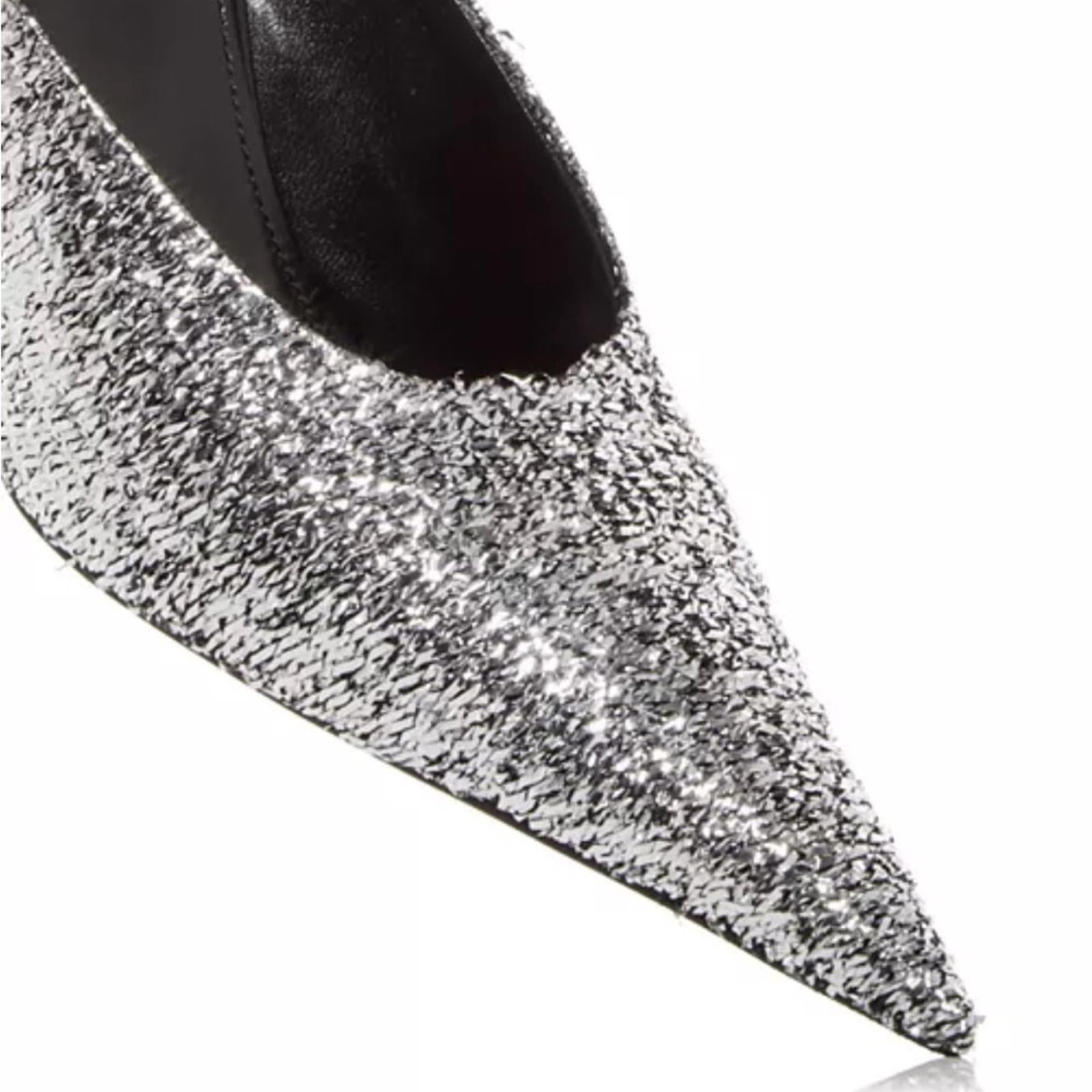 Balenciaga Knife Glitter High Heel Mules in Silver Titanium Size 36 New in Box