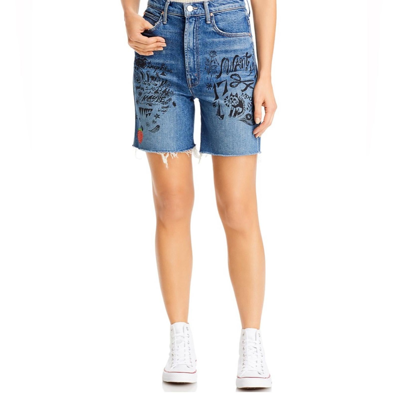 Mother High-Waisted Smokin’ Short Fray Jeans w/Strawberry Patch, Size 26 NWT