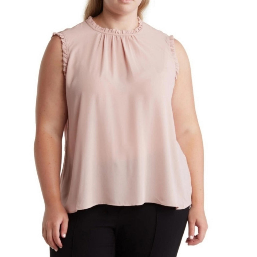 T Tahari Ruffle Mock Neck Double Fabric Sided Blouse in Blush Pink, Plus Size 2X