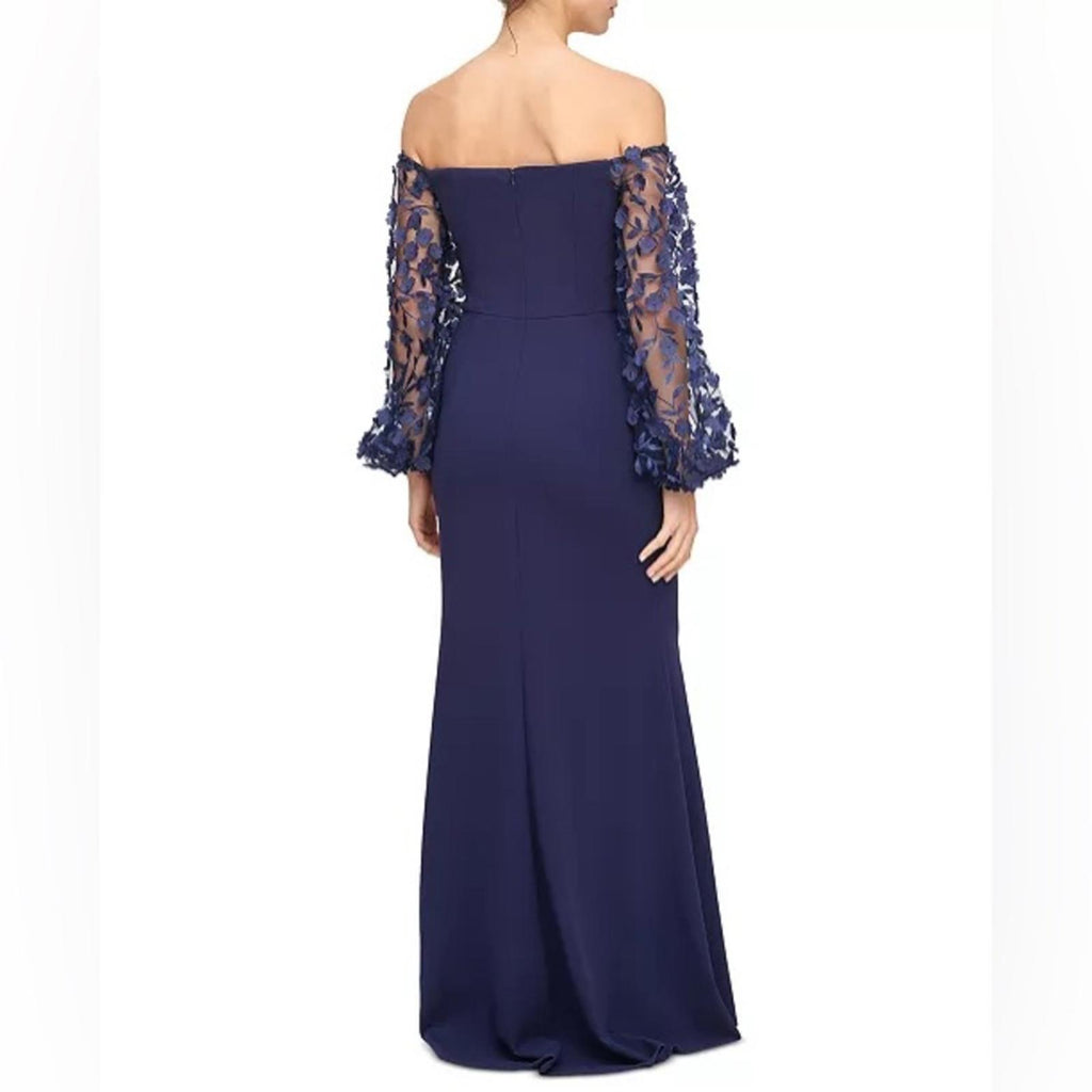 Eliza J. Off-the-Shoulder Mesh-Sleeve Gown in Navy, Size 4, New w/Tag