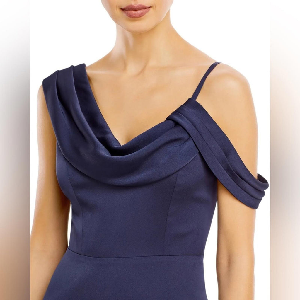 Aqua Asymmetrical Neckline Full-Length Evening Gown in Dark Navy Size 2 NWT $368