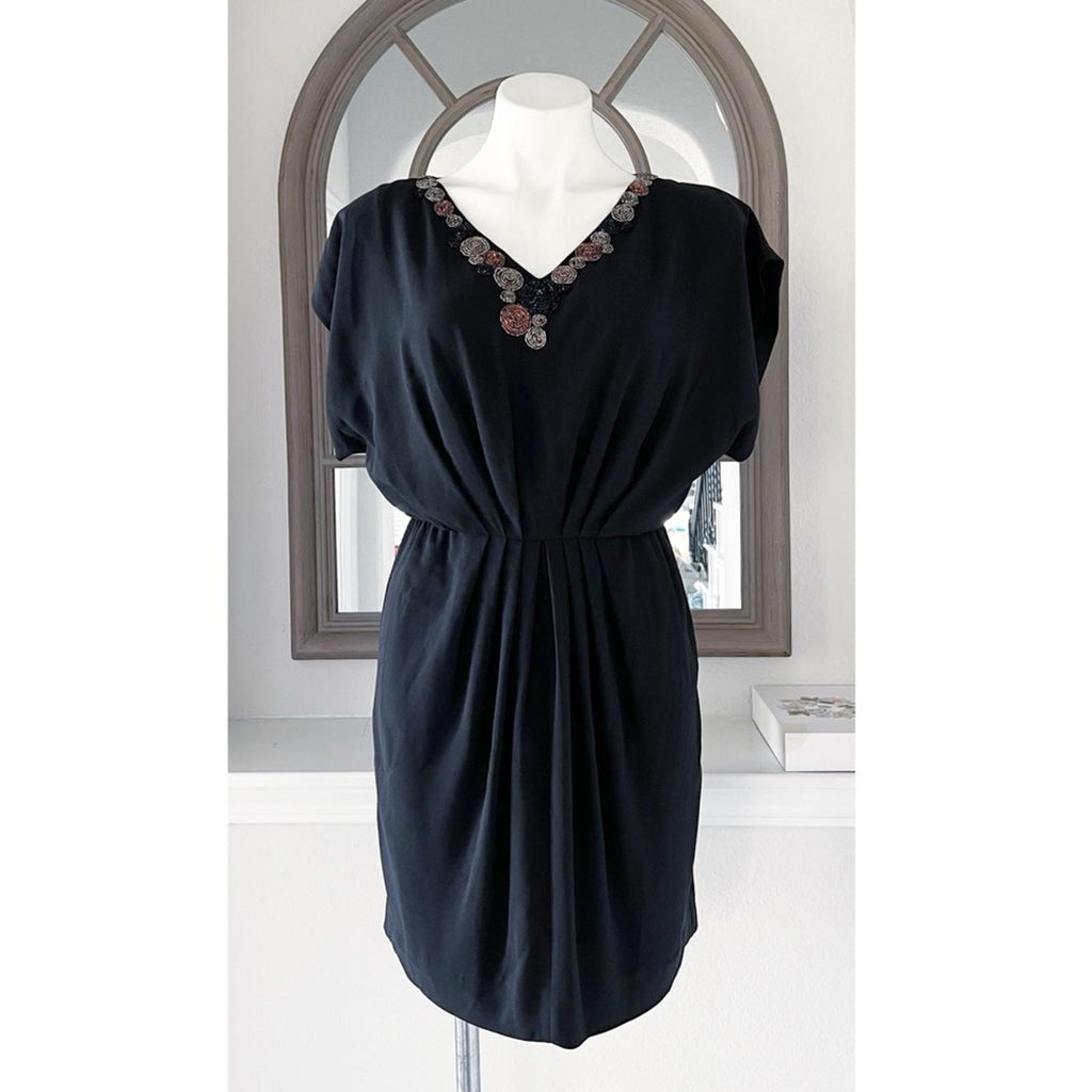 Trina Turk Black Mini Dress w/Beaded V-Neck, Size 2 Excellent!