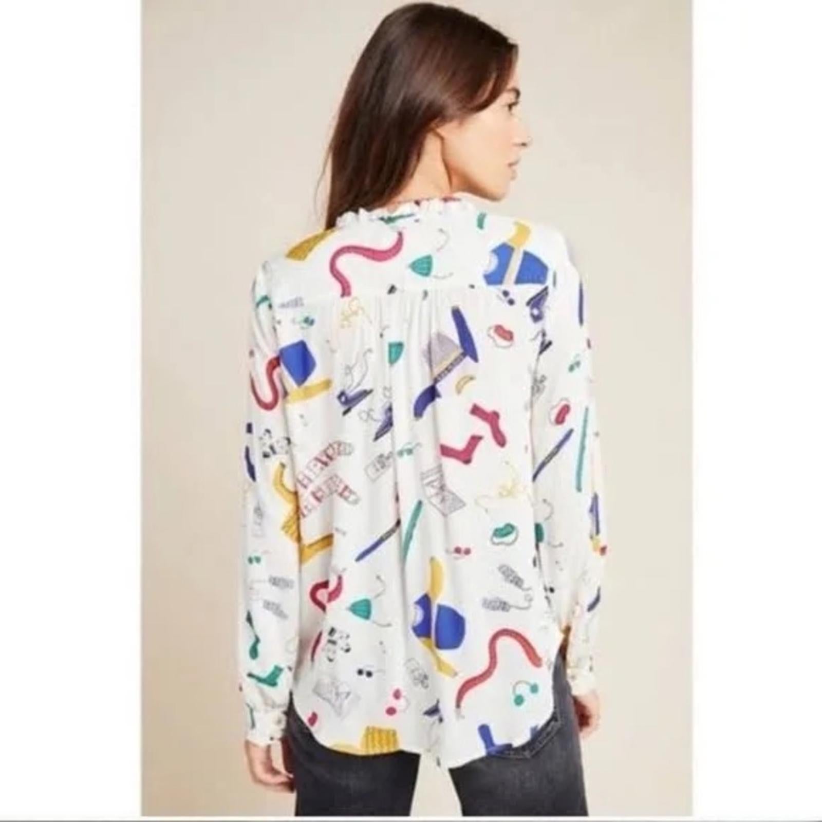 Anthropologie’s Maeve Marisol Ruffled Winter Ski Print Blouse, Size 8