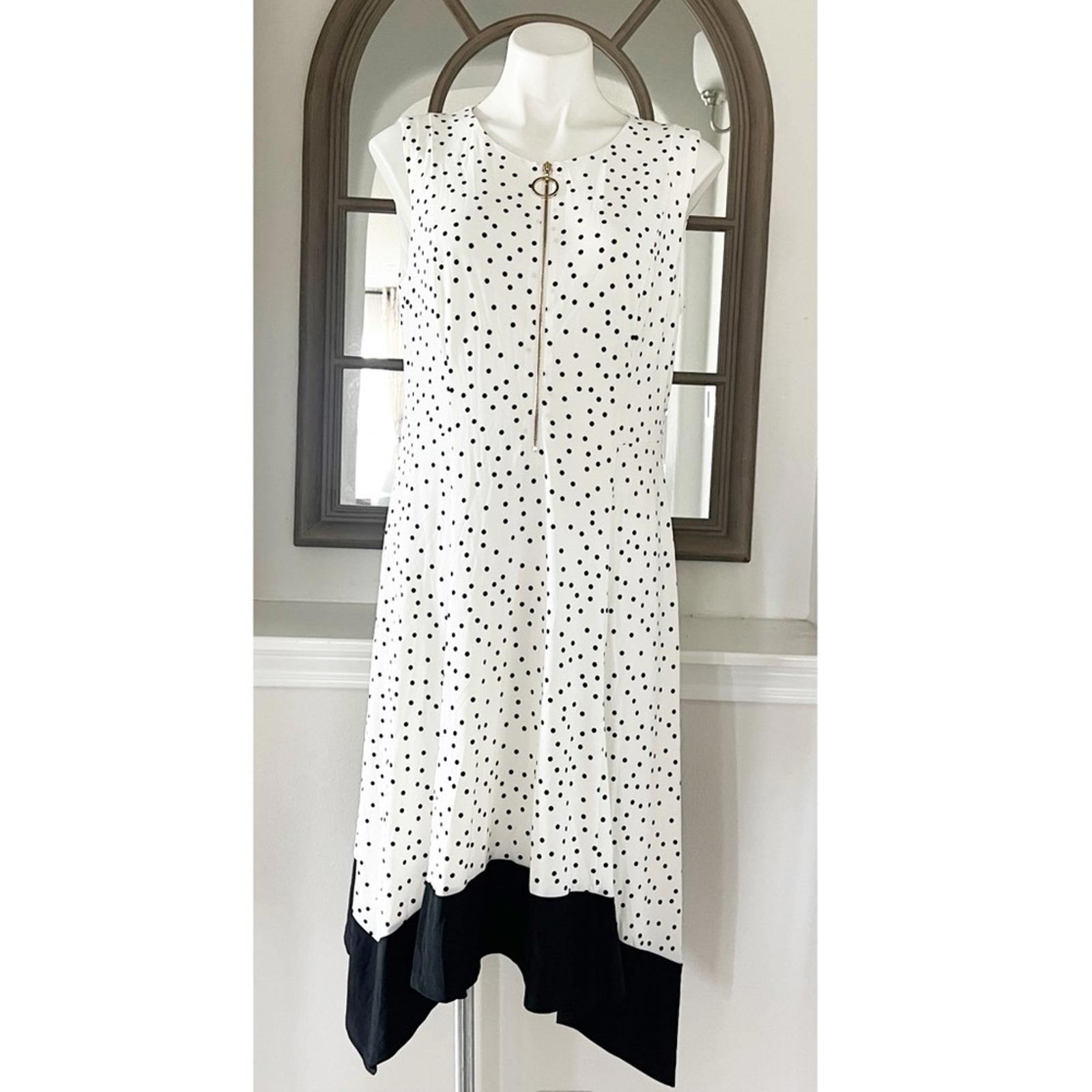 DKNY Polka Dot High Low Midi Dress in White & Black, Size 14, New w/Tag