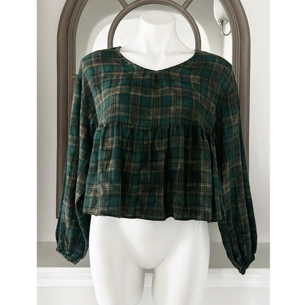 Chelsea & Violet Plaid Peplum Cropped Blouse in Olive, Size XS, New w/Tag