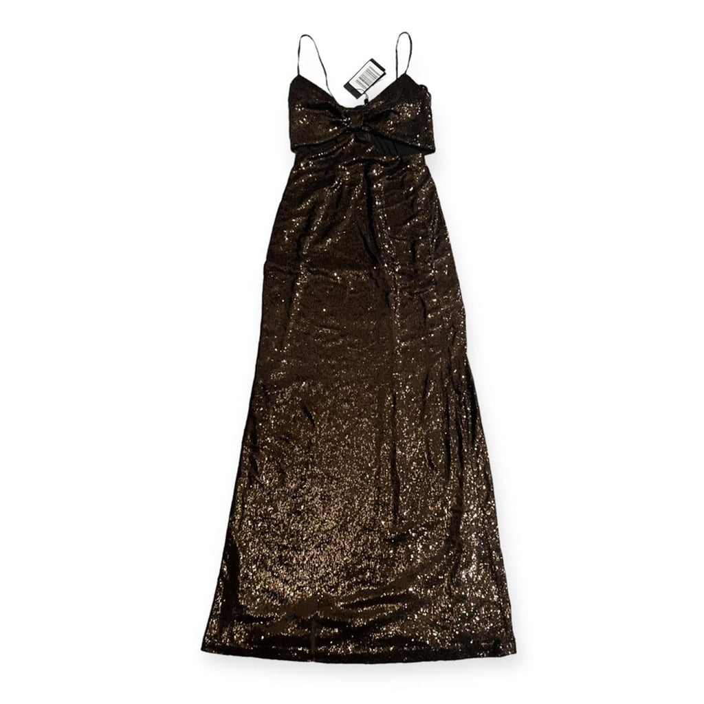Halston Chloe Cutout Sequined Tulle Gown, Brown Size 4 New w/Tag Retail $595