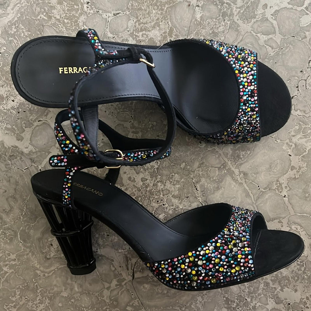 Ferragamo Nikla 85 Embellished High Heel Sandals in Black, NEW, Size 6 $1,350