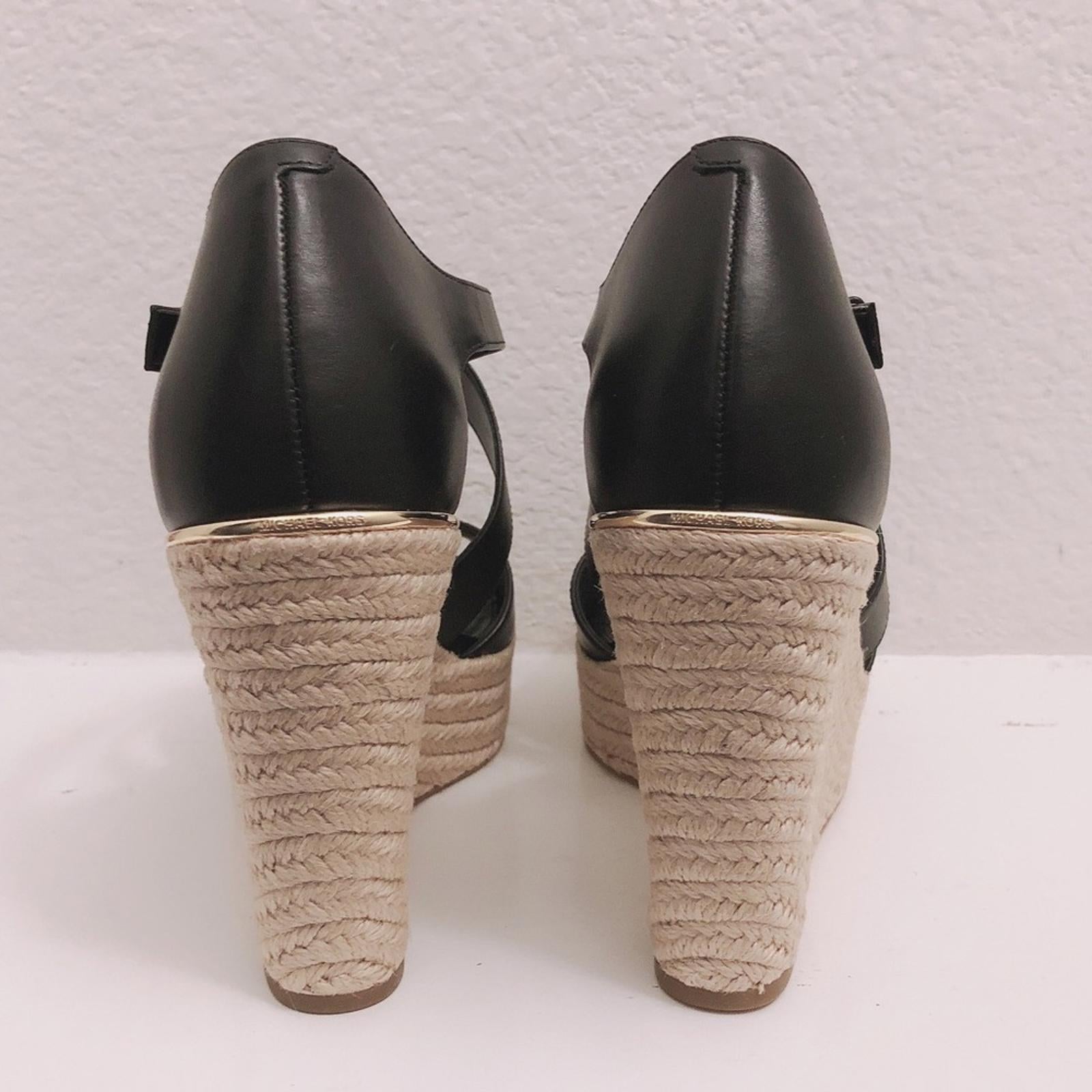 NEW Michael Kors Leather Wedge Sandals Espadrilles Black, Size 9.5 Retail $139