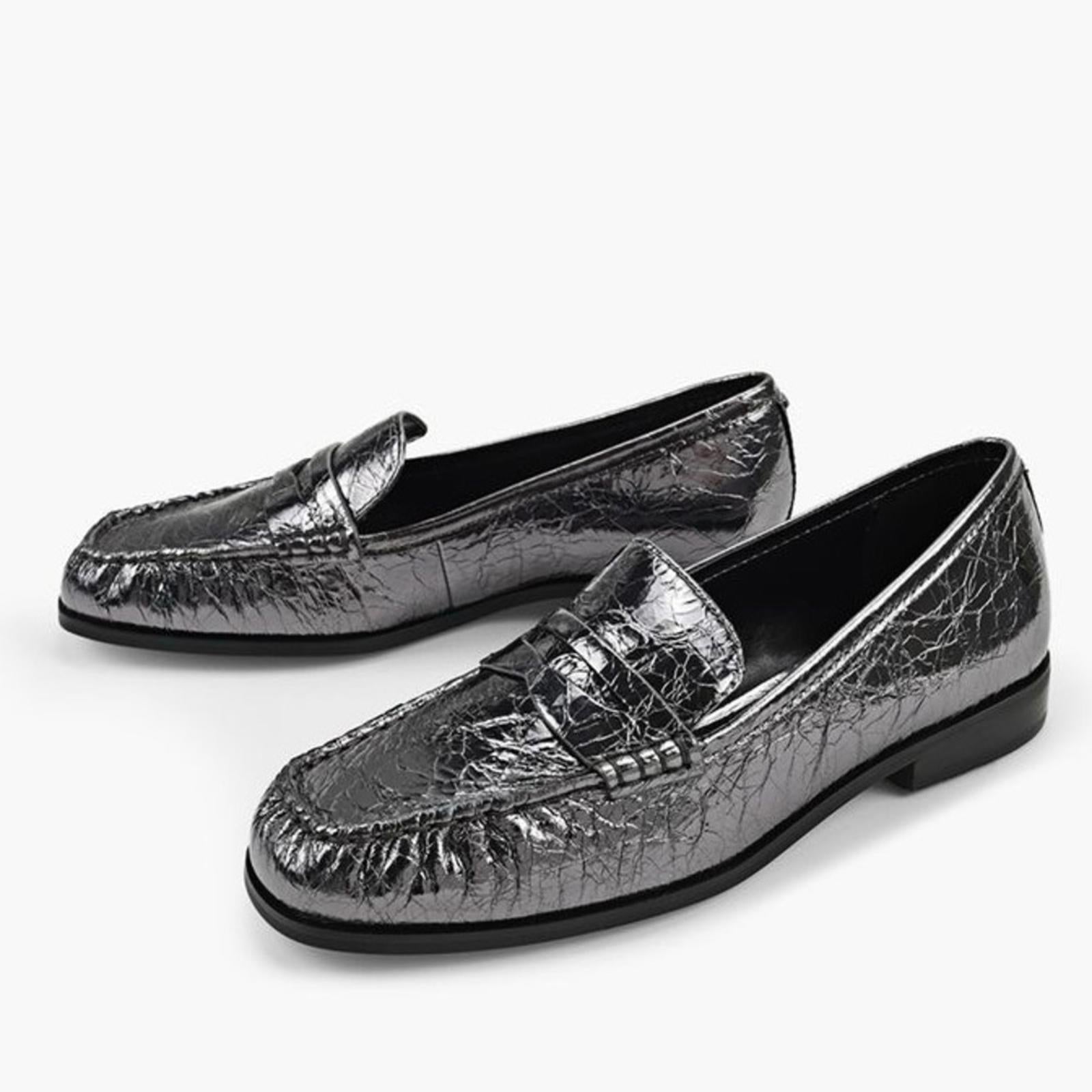 Michael Kors Carlson Metallic Crush Leather Loafers in Gunmetal, NWT, Size 9