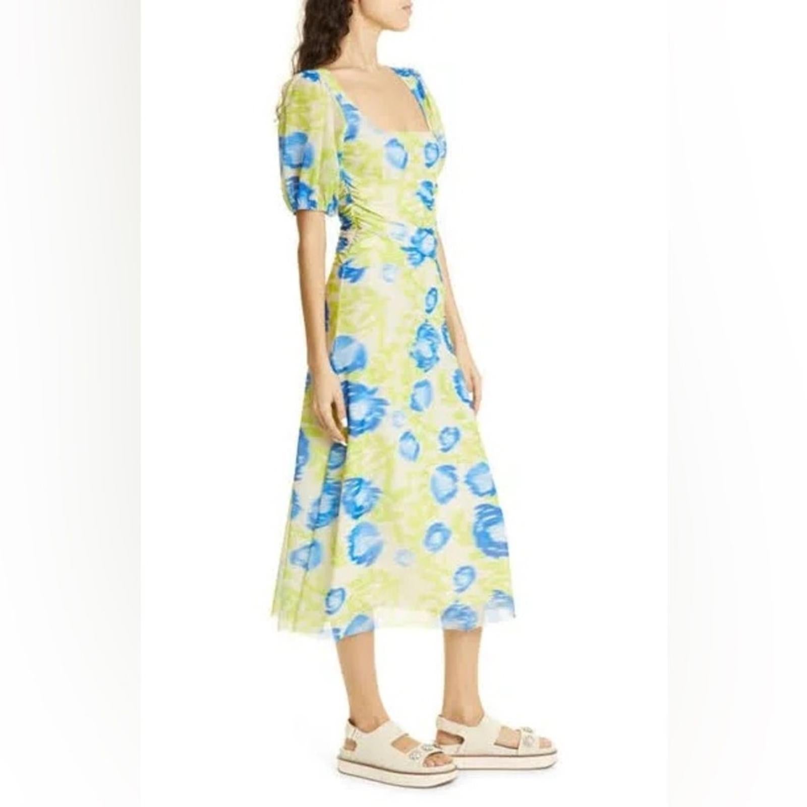 GANNI Crisscross Abstract-Printed Mesh Puff-Sleeve Midi Dress New w/Tag $445