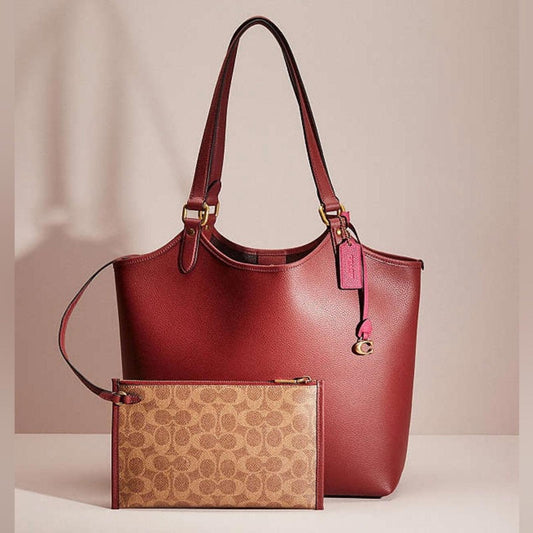 COACH Polished Pebble Leather Restored Day Tote in Brass/Brick Red, New +DustBag