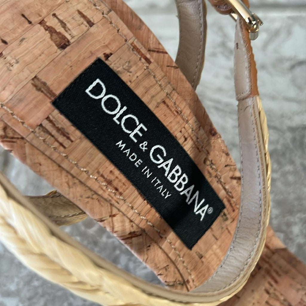 Dolce & Gabbana Logo Heel Ankle Strap Sandals in Gold Tan, New in Box
