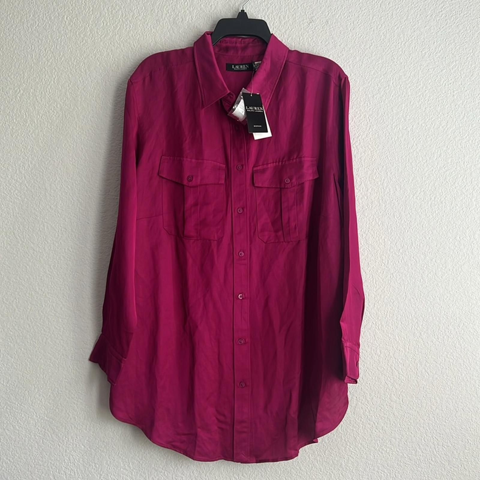 Lauren Ralph Lauren Satin Long Sleeve Buttoned Top in Fuchsia, Plus Size 1X NWT