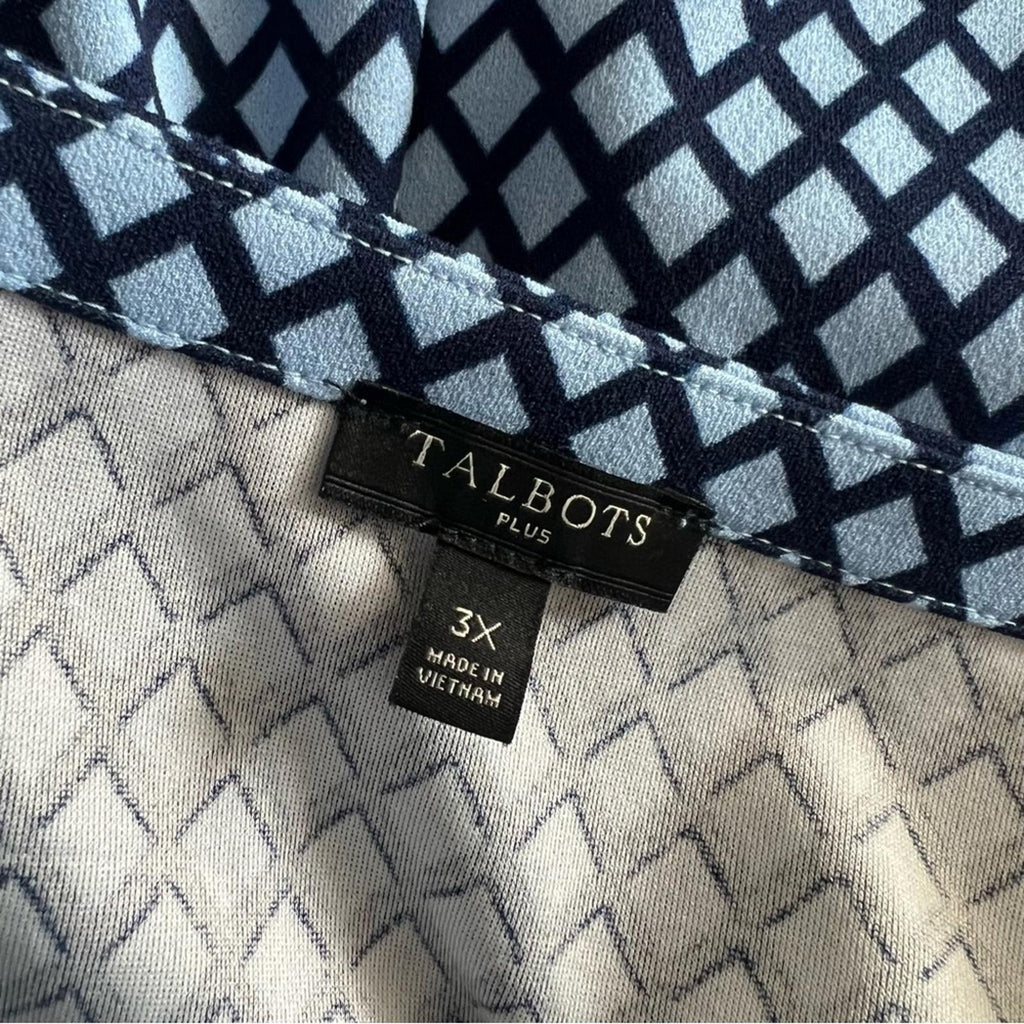 Talbots Smocked Cuff Blouse Trellis Print in Blue, Plus Size 3X NEW w/o Tag