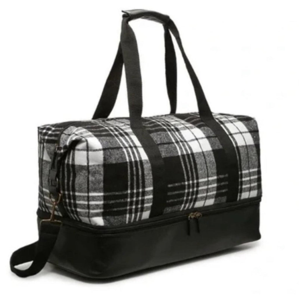 NEW Plaid Weekender Bag with Bottom Compartment in Black & White, New w/Tag