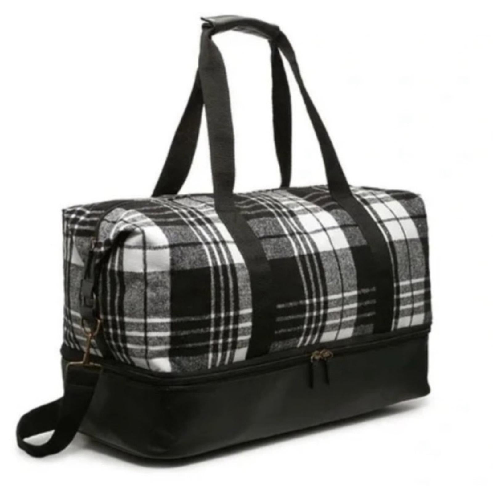 NEW Plaid Weekender Bag with Bottom Compartment in Black & White, New w/Tag
