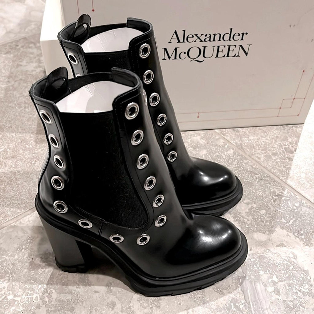 Alexander McQueen Tread Grommet Embellished Black Boots, Size 39.5, Retail $1290
