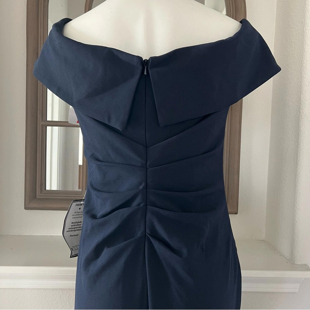 NEW Xscape Off-The-Shoulder Maxi Formal Evening Gown in Navy, Petite Size 12 NWT