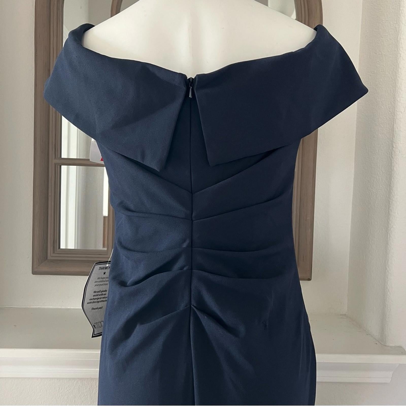 NEW Xscape Off-The-Shoulder Maxi Formal Evening Gown in Navy, Petite Size 12 NWT