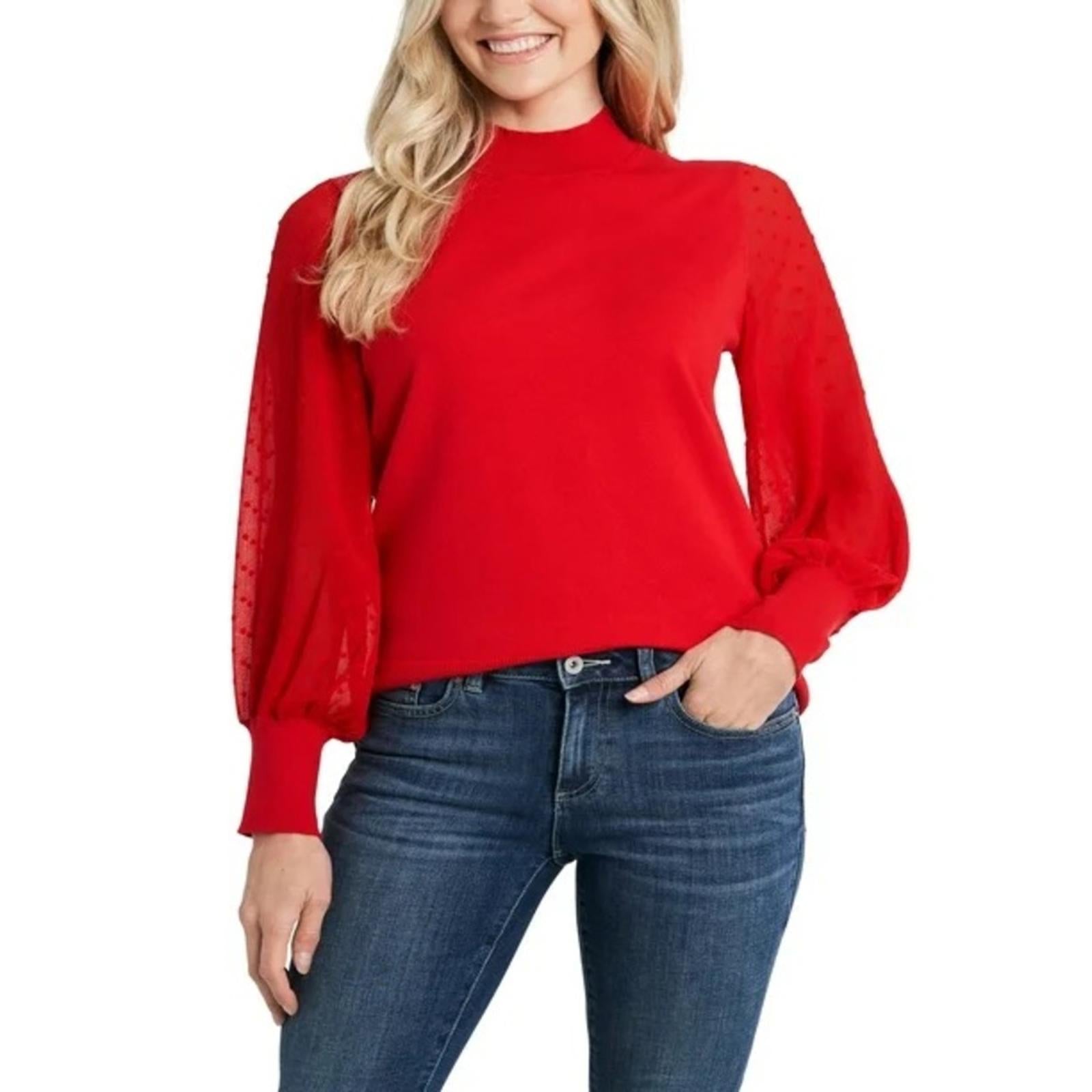 CeCe Clip Dot Sleeve Crewneck Sweater in Red, New w/Tag