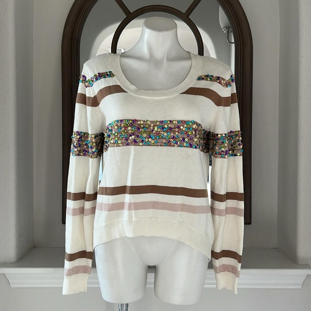 Willi Smith Hi-Low Crewneck Striped Sweater w/Sequin Detail Size L EXCELLENT!