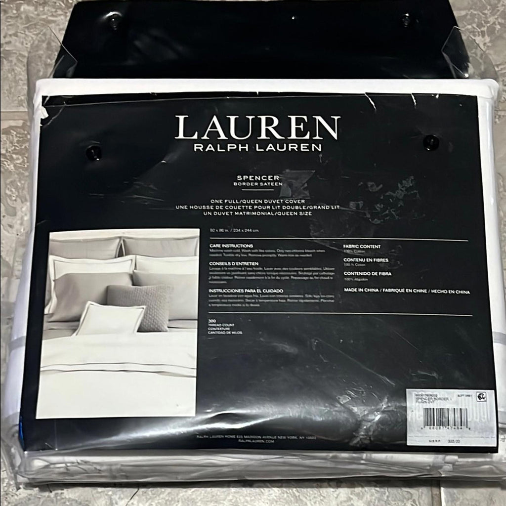 Lauren Ralph Lauren Spencer Duvet Cover in White/Soft Grey, Queen NEW w/Tag $335
