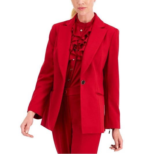 Kasper Zip Cuff Notched Collar One-Button Blazer in Red Petite Size 10, New $129