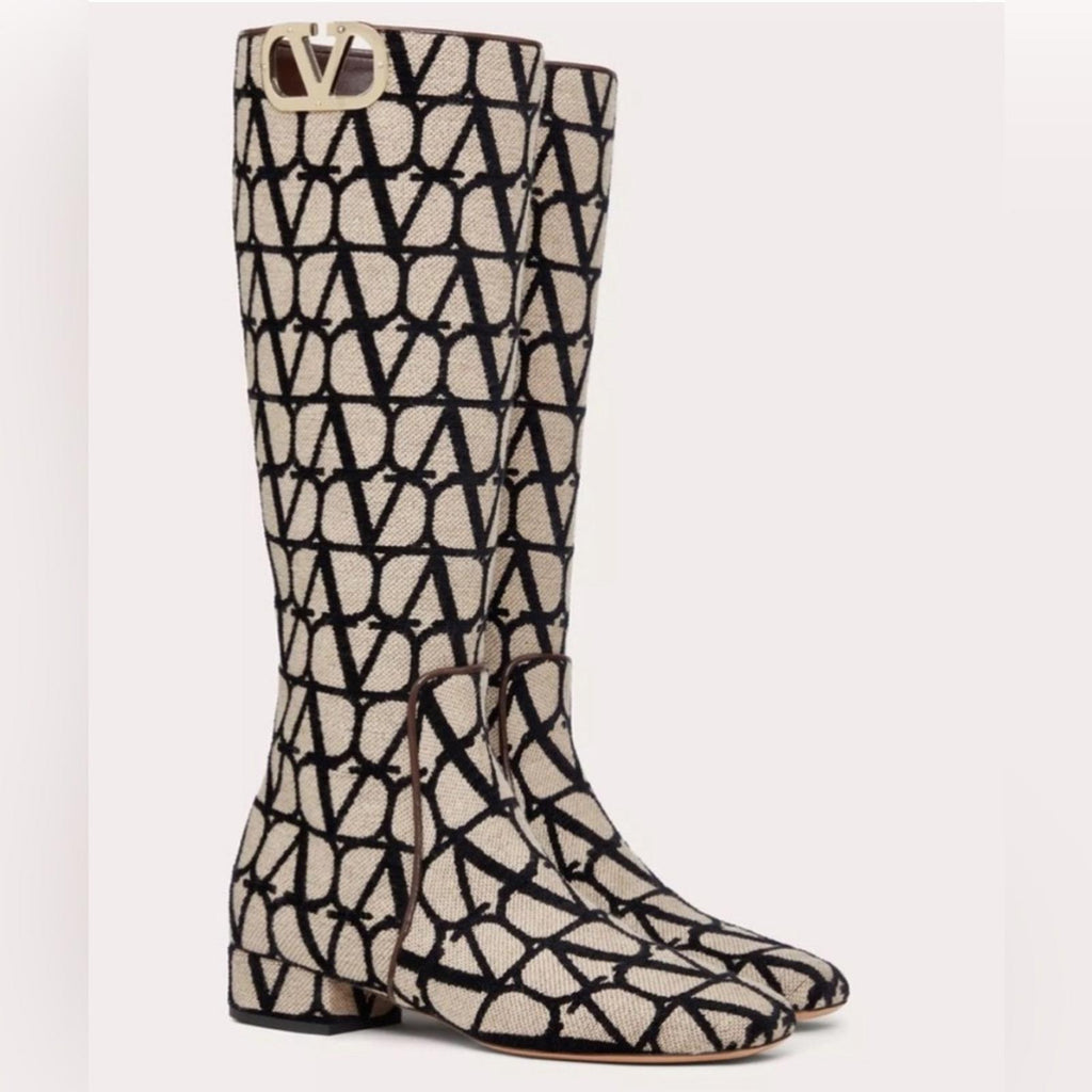 Valentino Garavani Toile Iconographe V-Logo Knee-High Boots, Size 37 +Box NEW