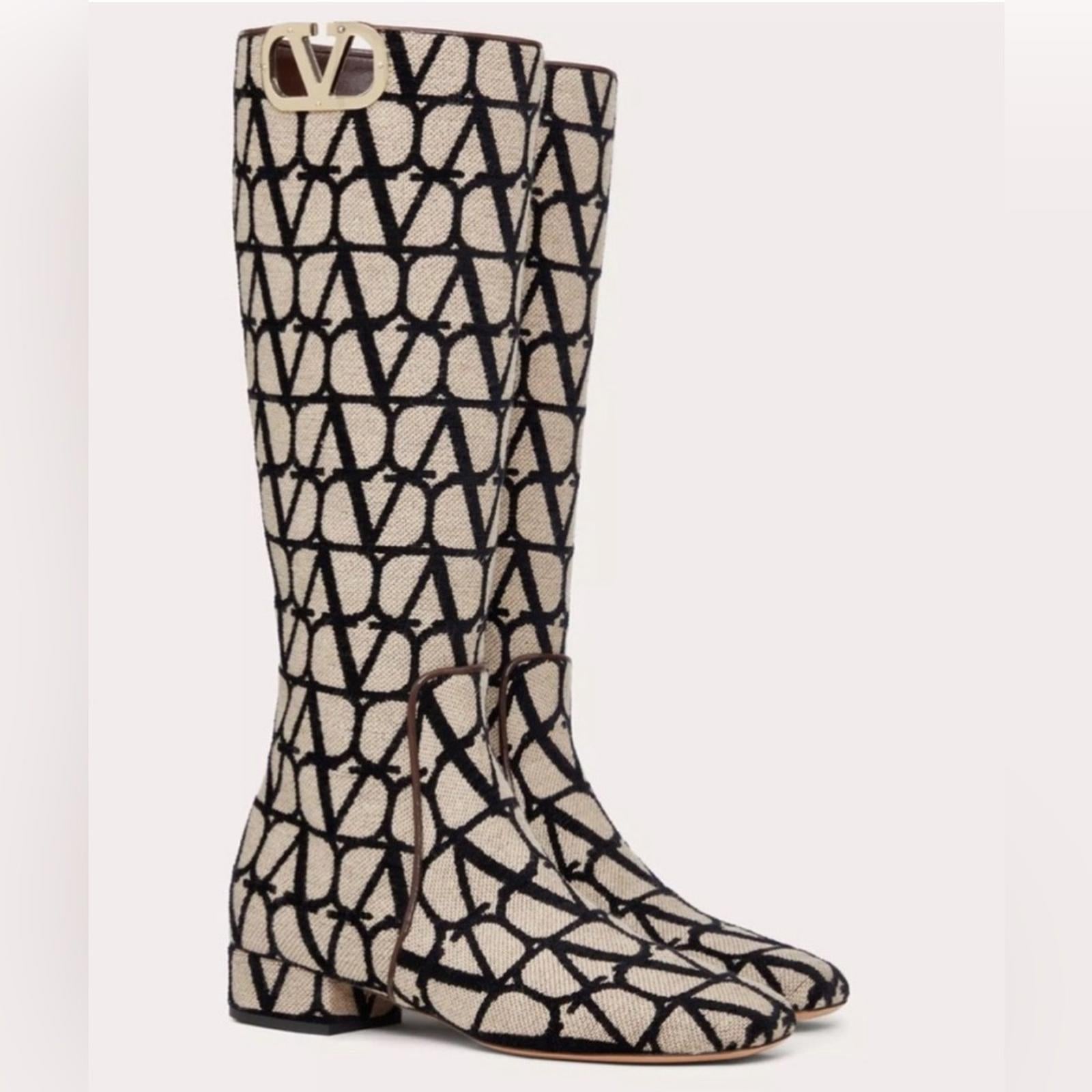Valentino Garavani Toile Iconographe V-Logo Knee-High Boots, Size 37 +Box NEW