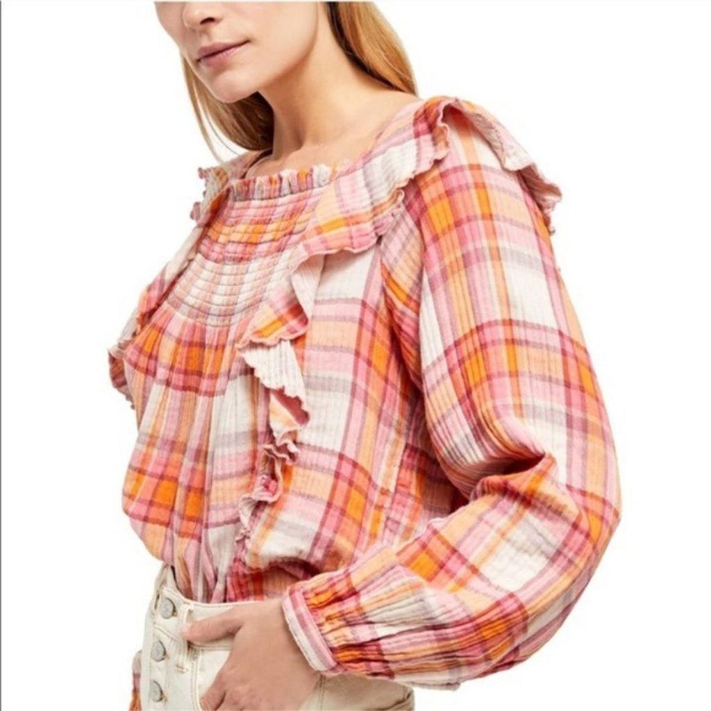 Free People Plaid Ruffle Top Long Sleeve Size L NWT $118.00