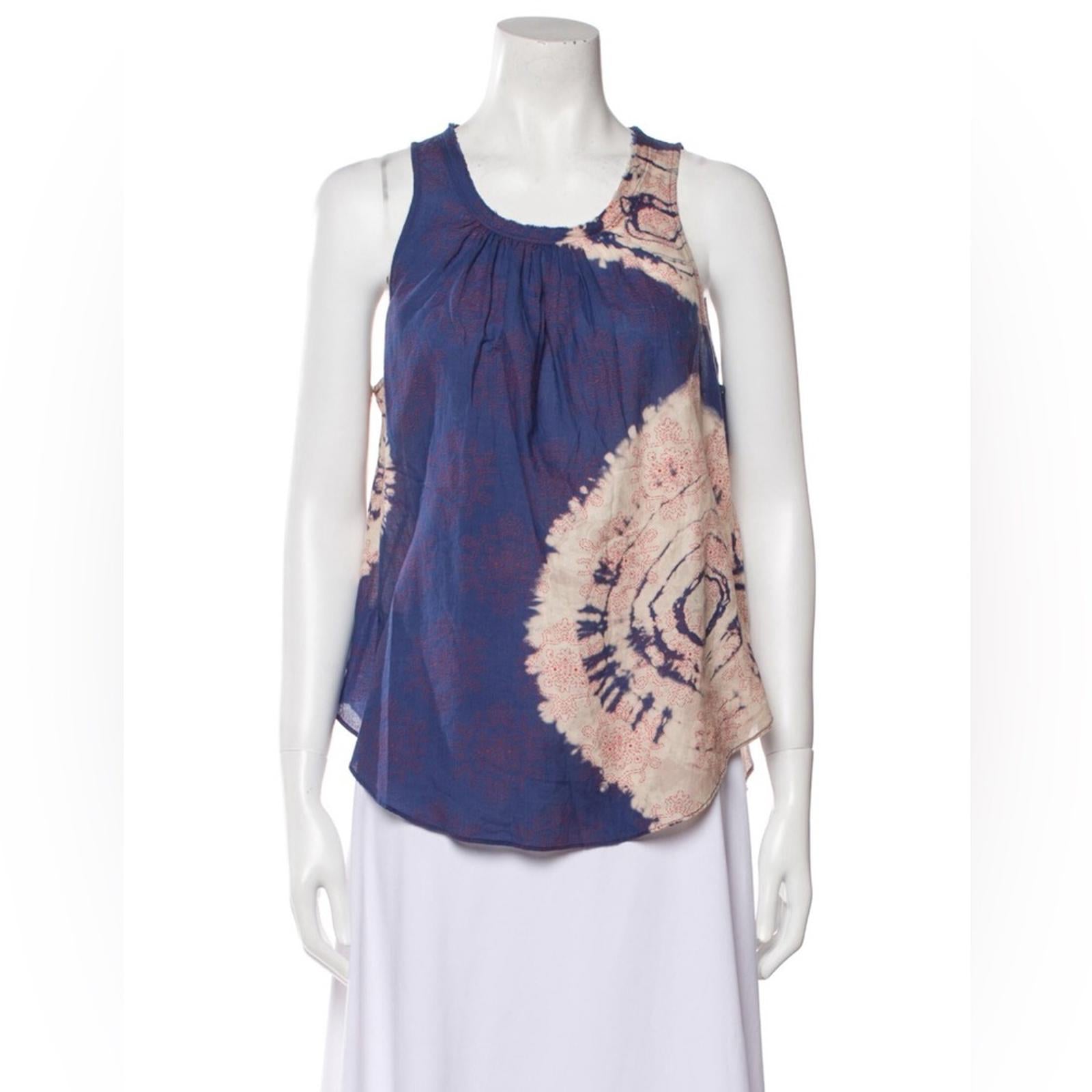 Raquel Allegra Voile Block Print Shirred Sleeveless Top, Blue/Red Size 0 $132.50