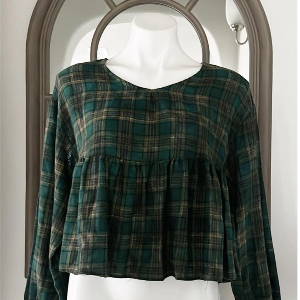 Chelsea & Violet Plaid Peplum Cropped Top in Olive, Size XS New w/Tag