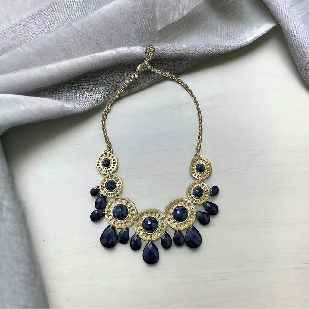 Gold-Tone Chain with Blue Rhinestones Necklace, Pristine Condition