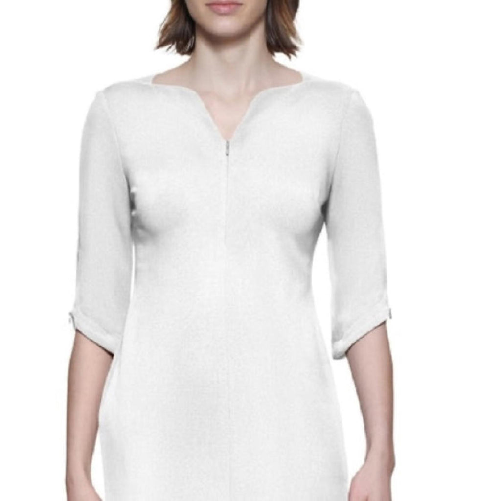 Calvin Klein WHITE Zippered 3/4 Sleeve V-Neck Midi Sheath Dress, Size 4 NWT $134
