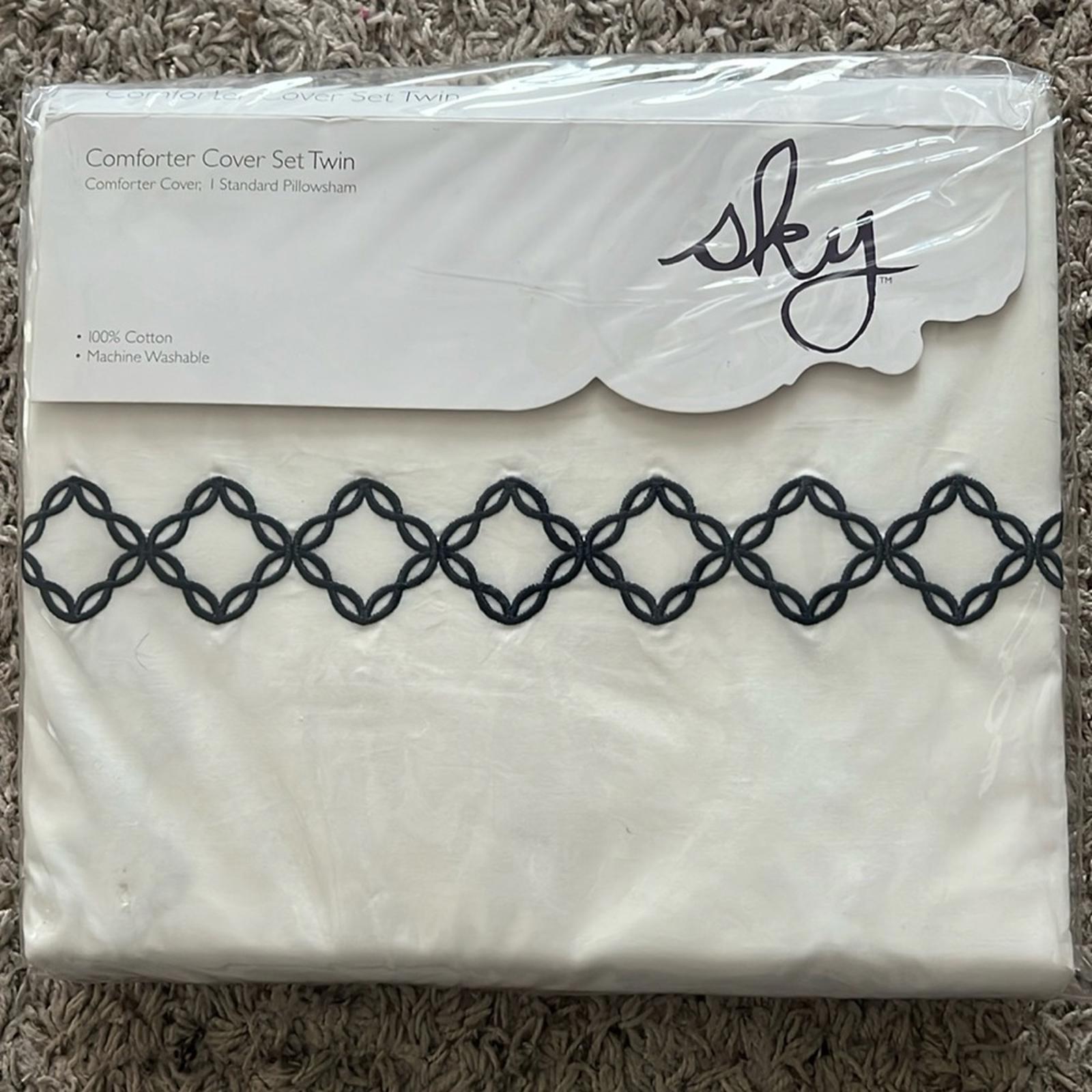 Sky NAVY Embroidered Percale Duvet Cover and Shams Set, Twin NEW w/Tag $230
