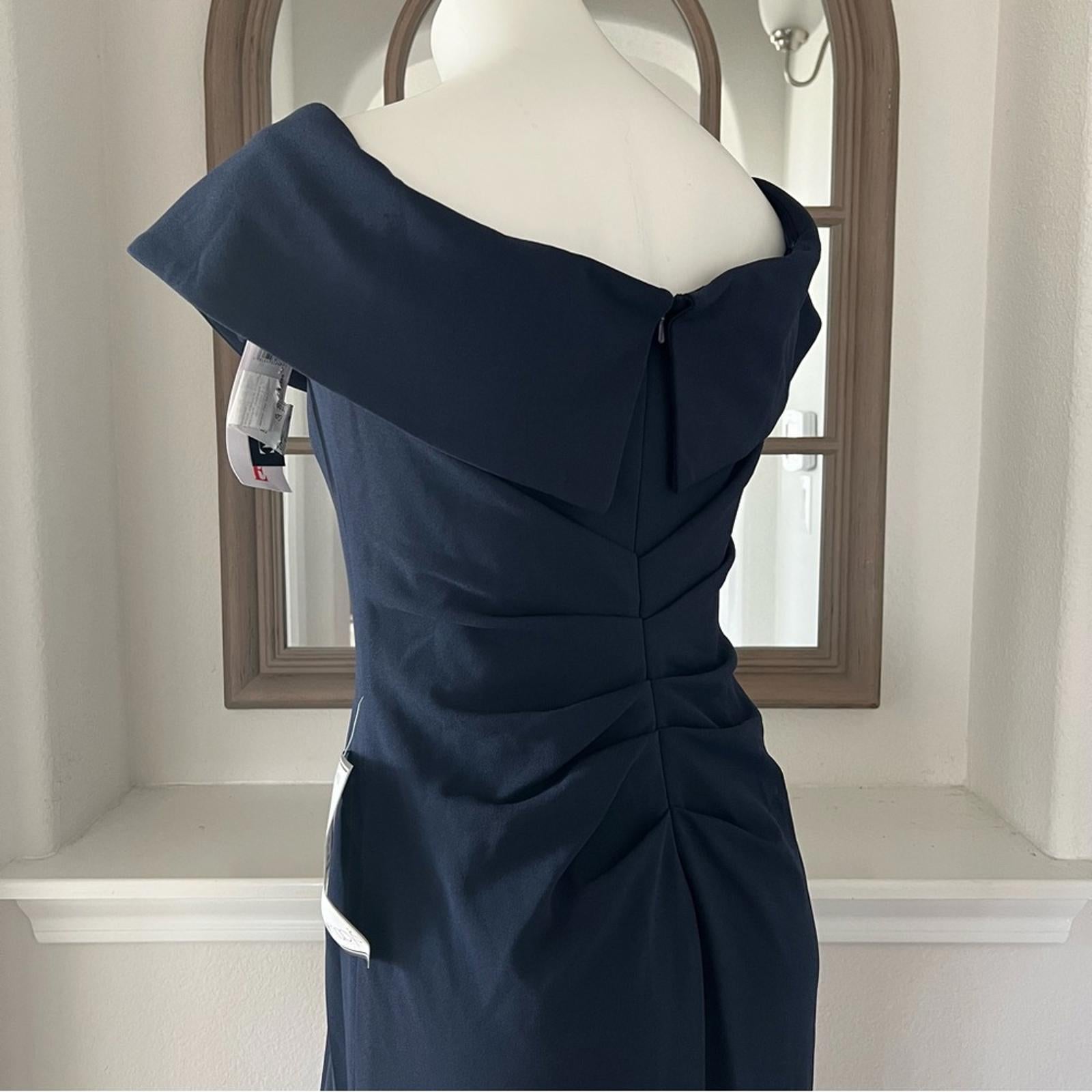 NEW Xscape Off-The-Shoulder Maxi Formal Evening Gown in Navy, Petite Size 12 NWT
