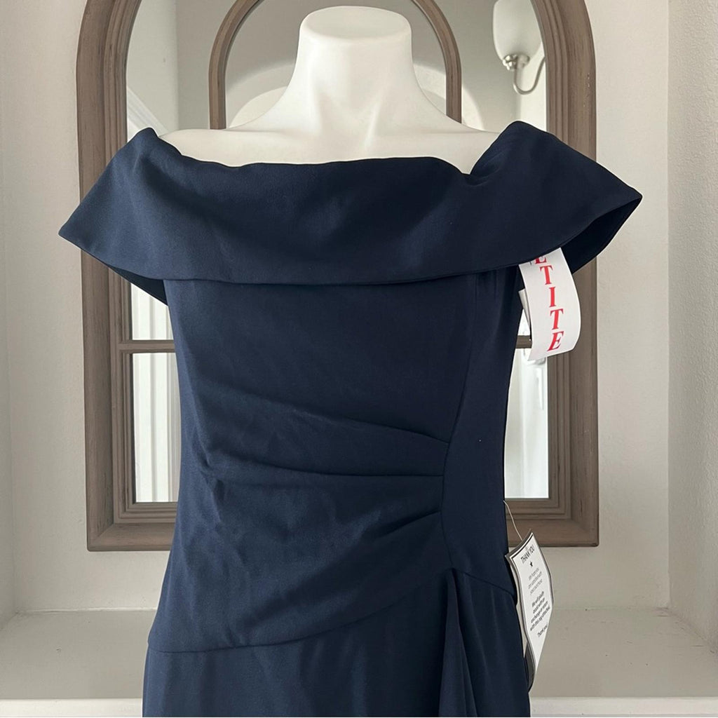 NEW Xscape Off-The-Shoulder Maxi Formal Evening Gown in Navy, Petite Size 12 NWT