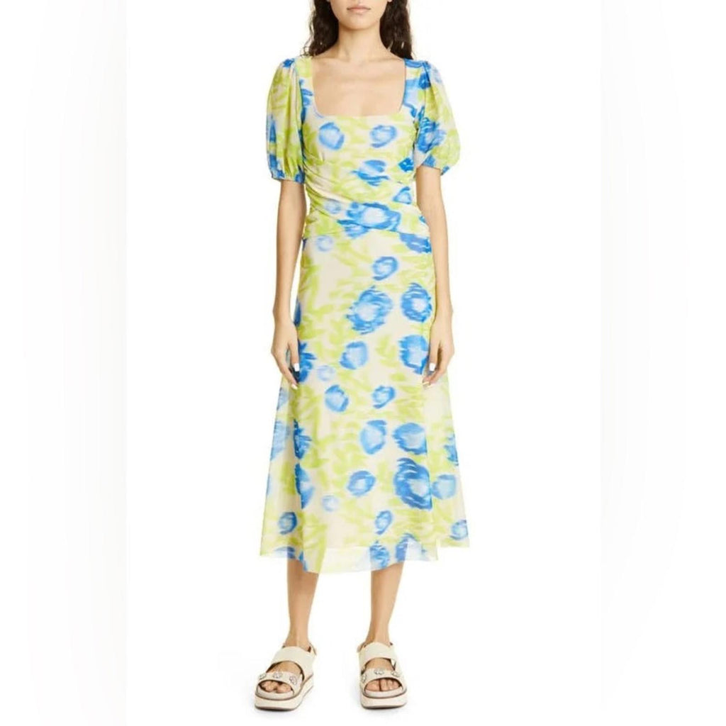 GANNI Crisscross Abstract-Printed Mesh Puff-Sleeve Midi Dress New w/Tag $445