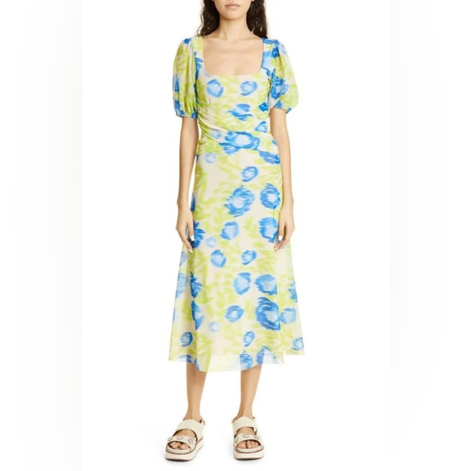 GANNI Crisscross Abstract-Printed Mesh Puff-Sleeve Midi Dress New w/Tag $445