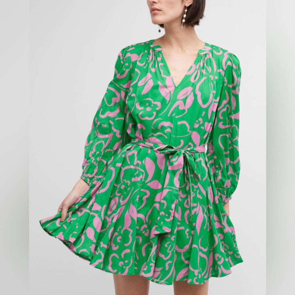 Velvet Kiki Short Tie-Belt Printed Cotton Dress in Green/Link, Size XS NWT