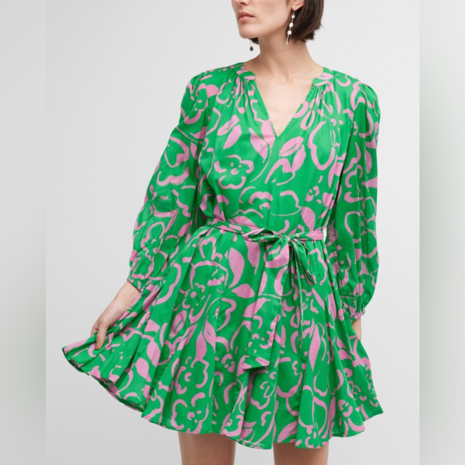 Velvet Kiki Short Tie-Belt Printed Cotton Dress in Green/Link, Size XS NWT
