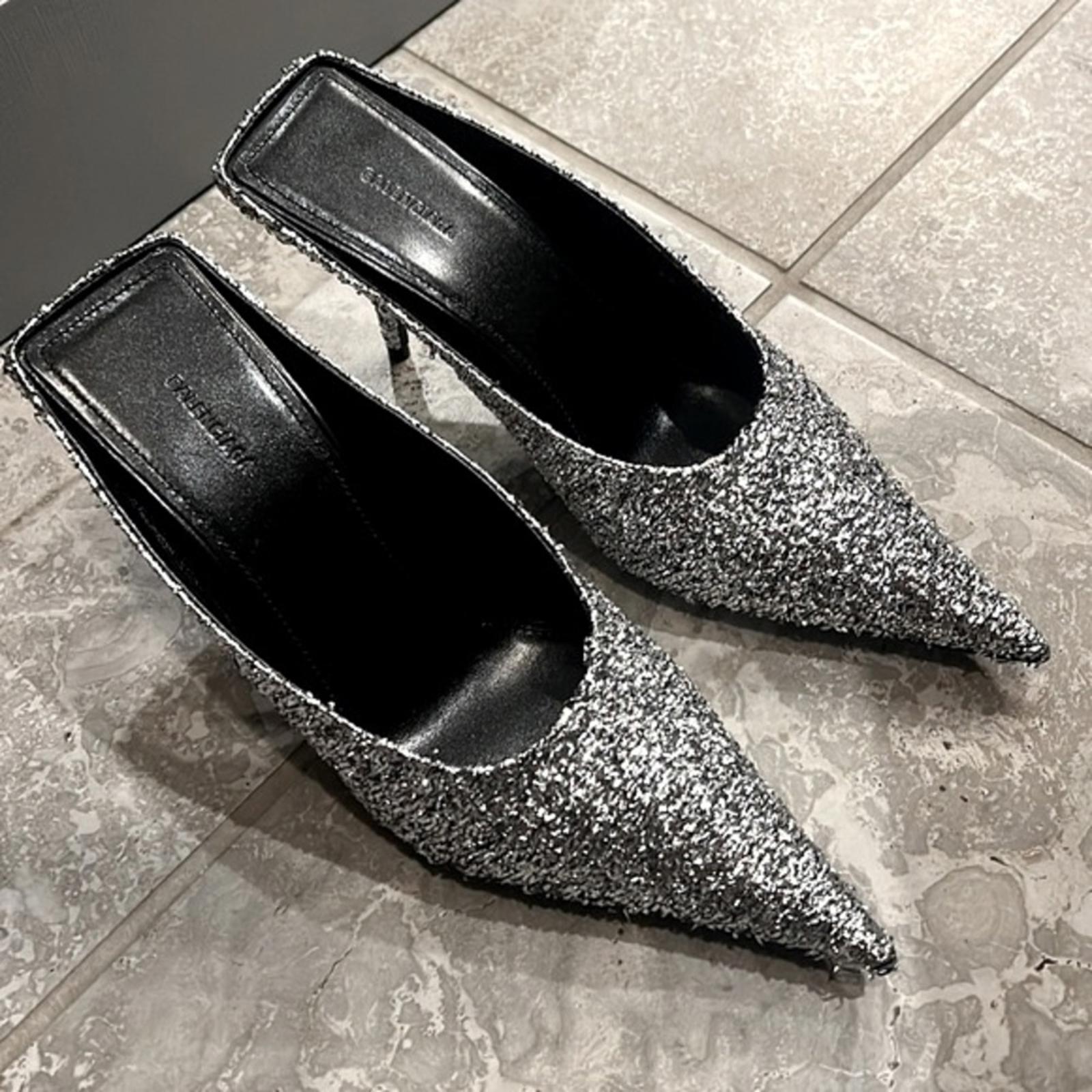 Balenciaga Knife Glitter High Heel Mules in Silver Titanium Size 36 New in Box