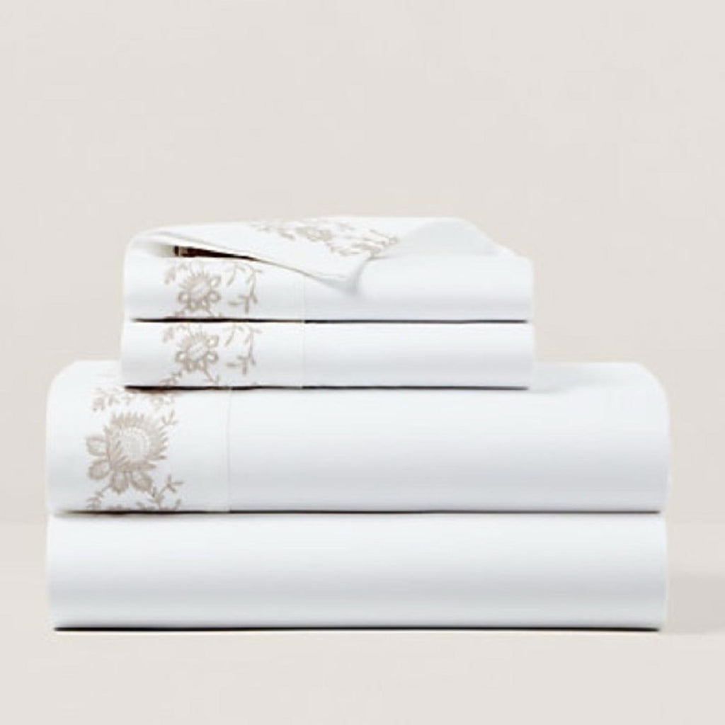 Ralph Lauren Organic Cotton Eloise Embroidery Queen Flat Sheet, Platinum, NEW