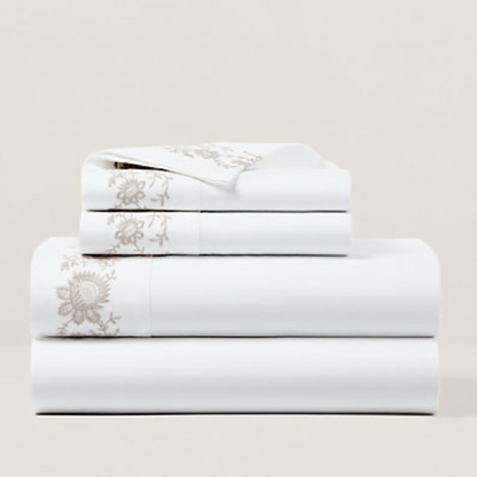 Ralph Lauren Organic Cotton Eloise Embroidery Queen Flat Sheet, Platinum, NEW