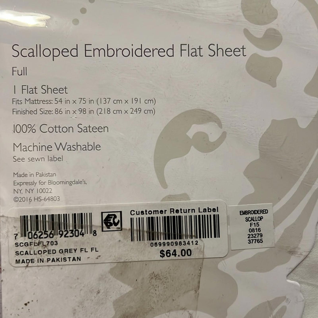 SKY Scalloped Grey Embroidered Flat Sheet Full, New w/Tag