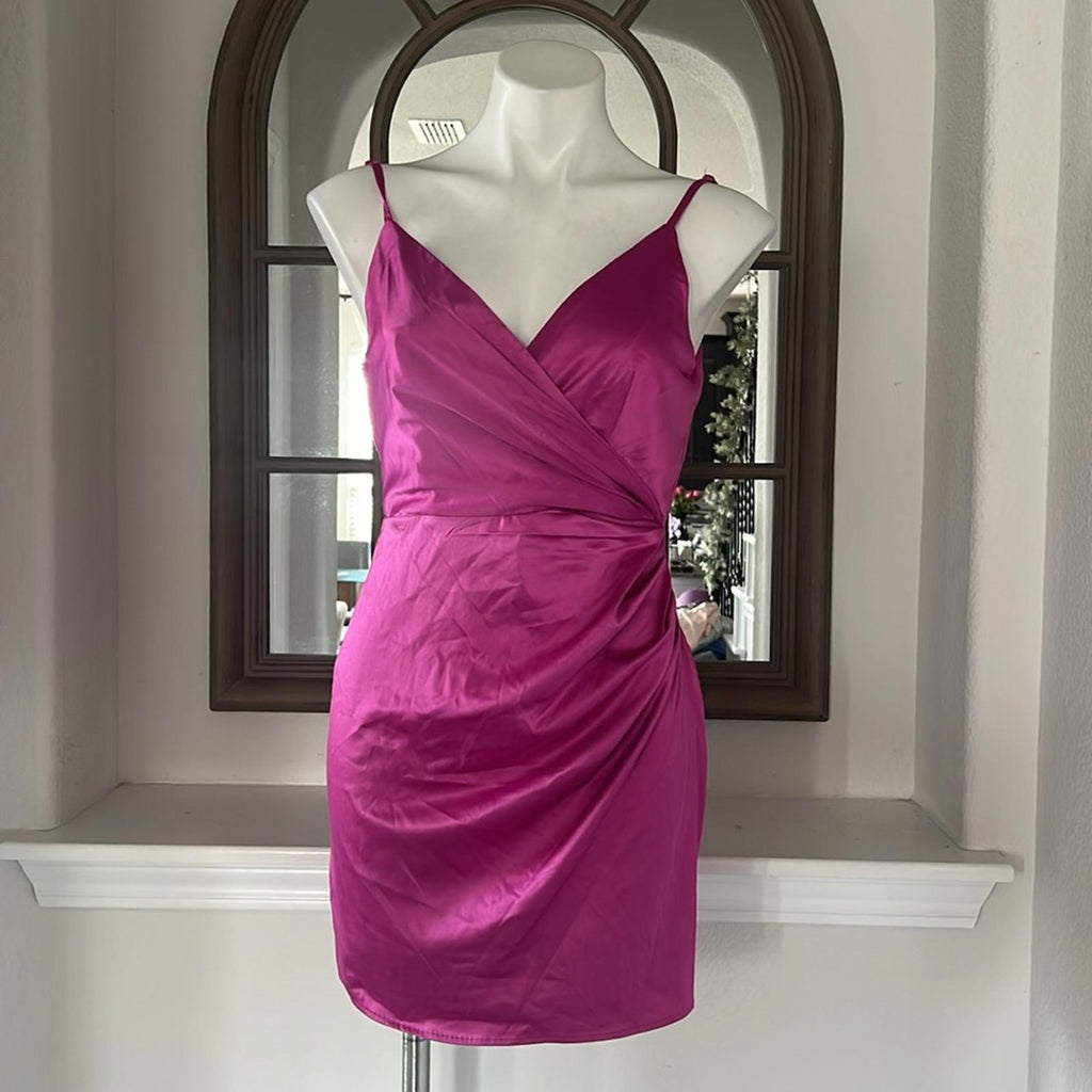 Bloomingdale’s Aqua Drape Front Satin Mini Dress in Fuchsia, Size S New w/Tag