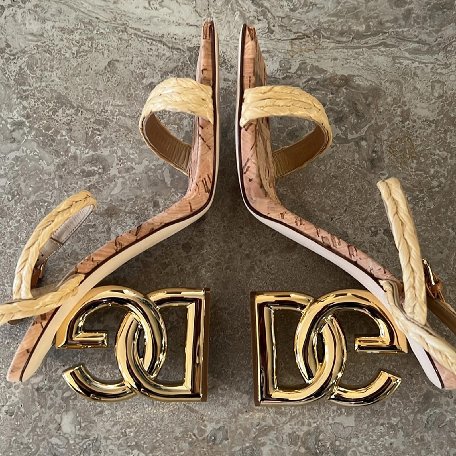 Dolce & Gabbana Logo Heel Ankle Strap Sandals in Gold Tan, New in Box