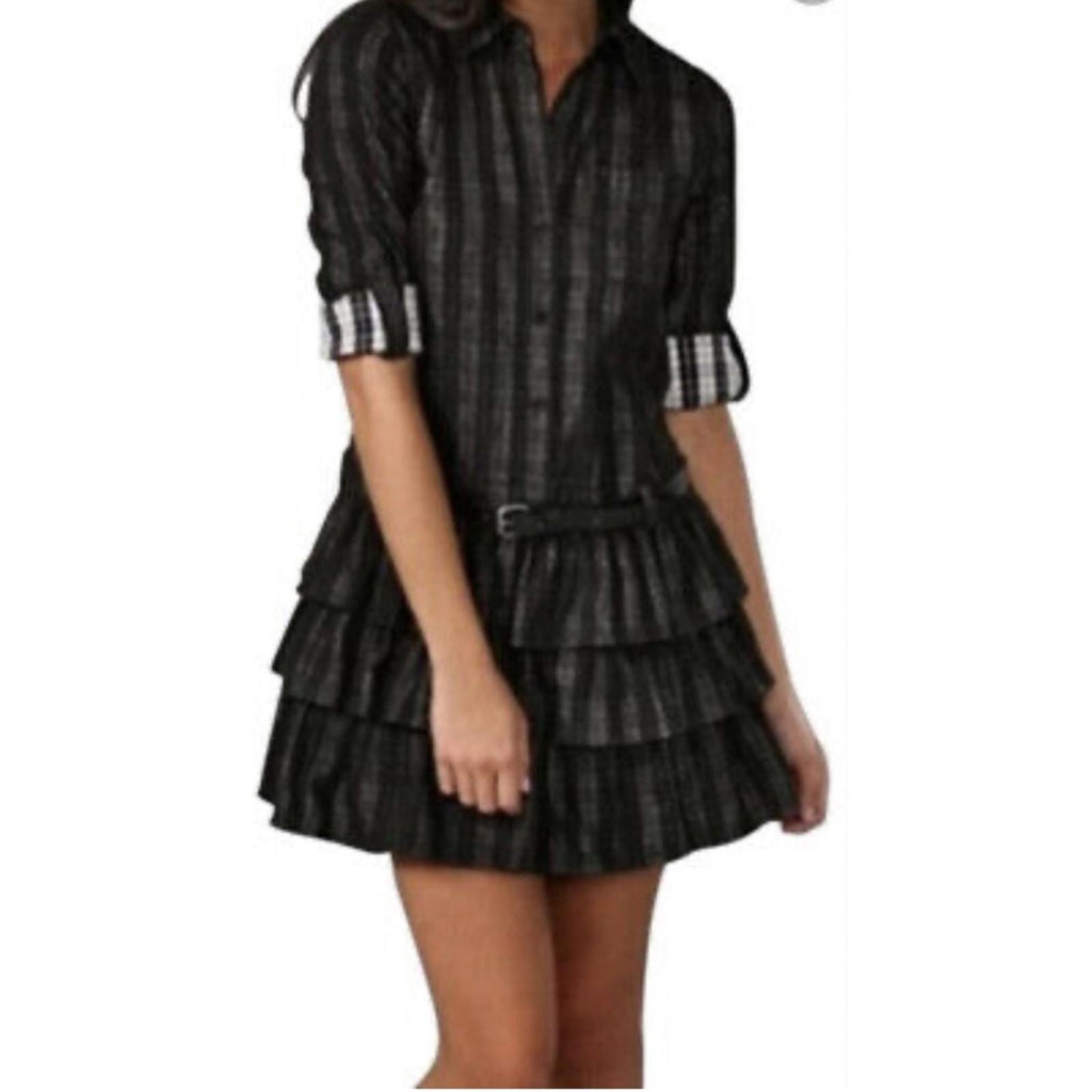 Theory Cacey Black Plaid Tiered Dress in Black & White, Size 6 EXCELLENT $395