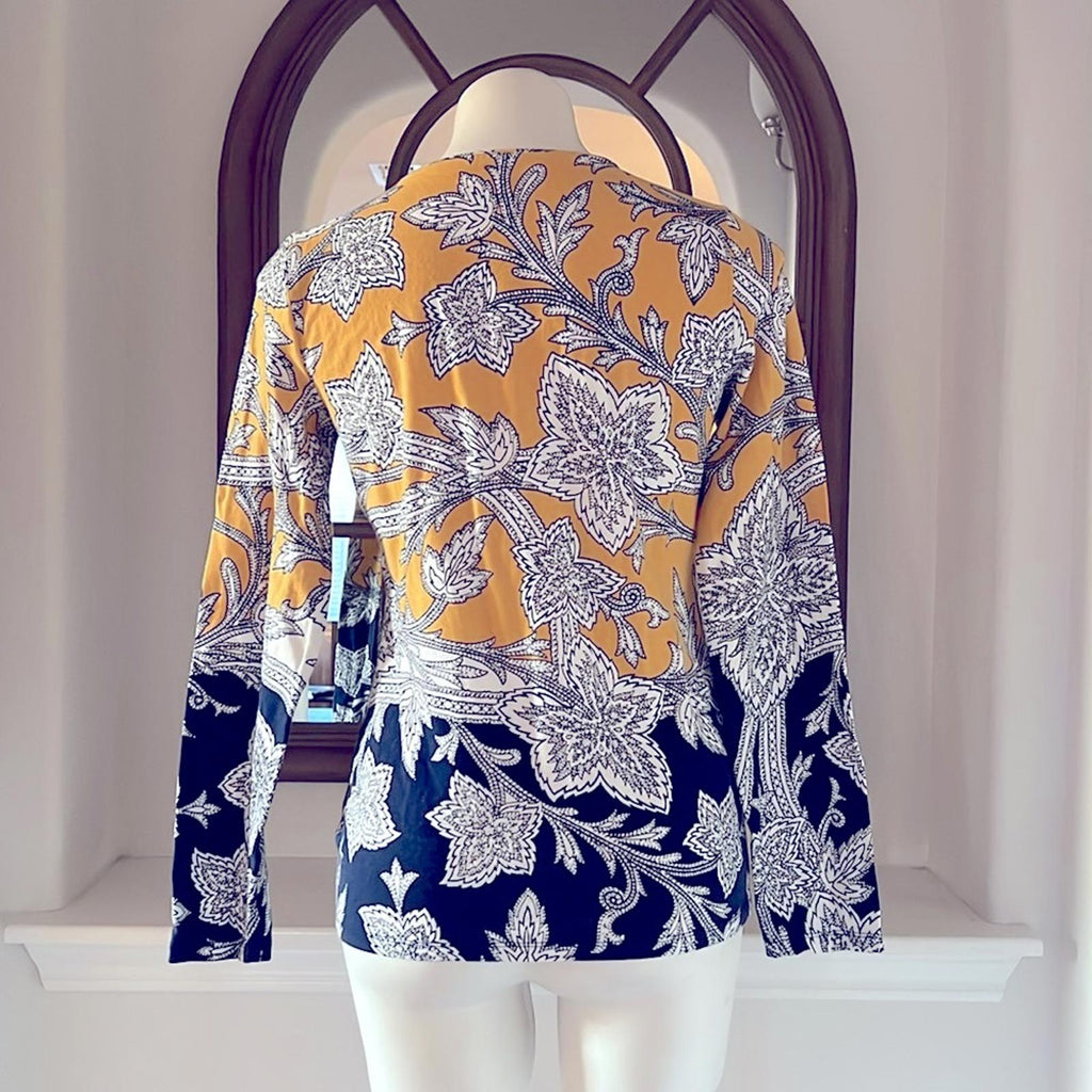 The Talbots Tee Pima Crewneck Tee, Paisley Floral, Yellow Blue Size S EXCELLENT!